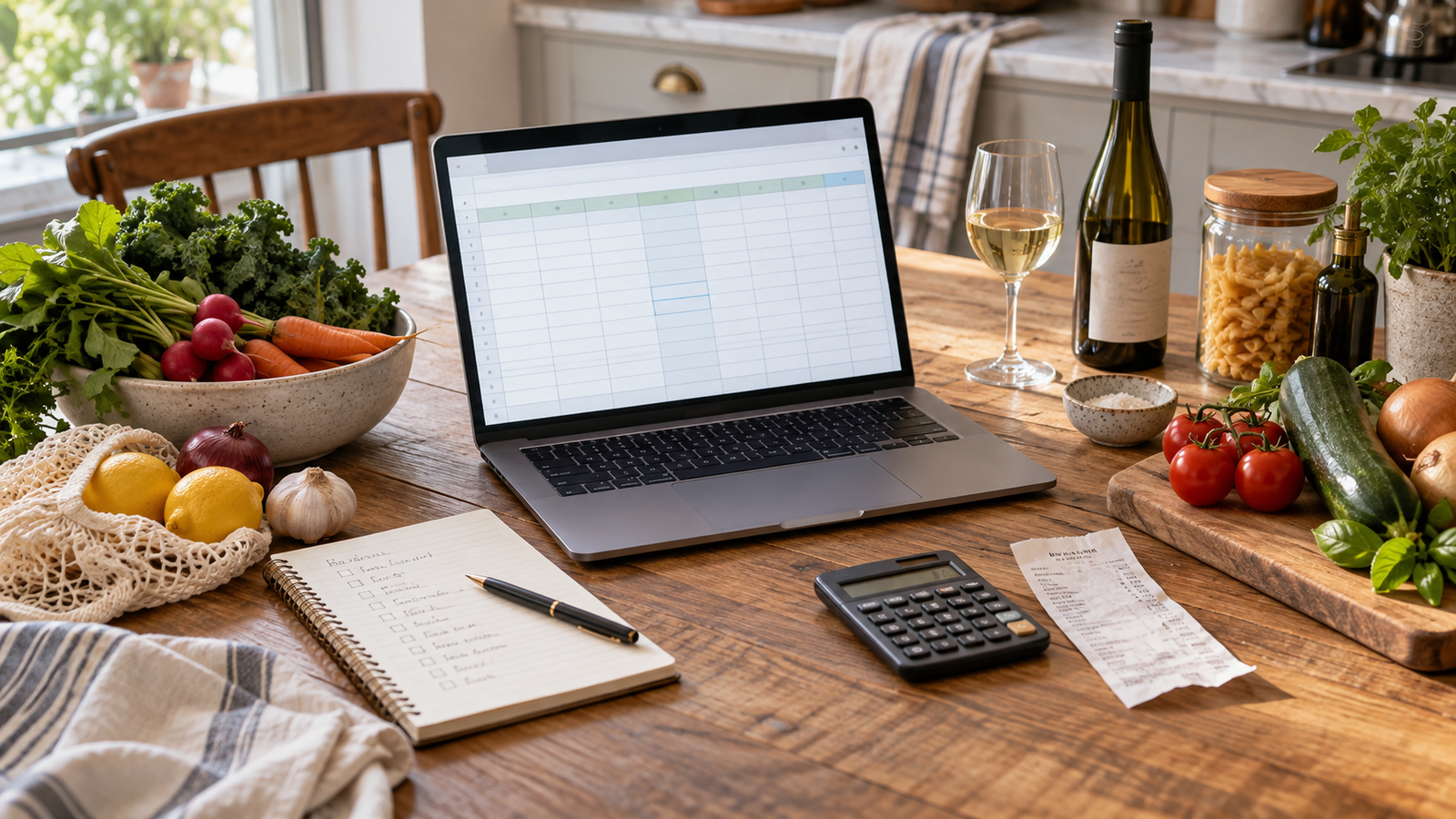 Kitchen table with a simple spreadsheet, grocery list, calculator, vegetables, pantry staples, and a bottle of wine