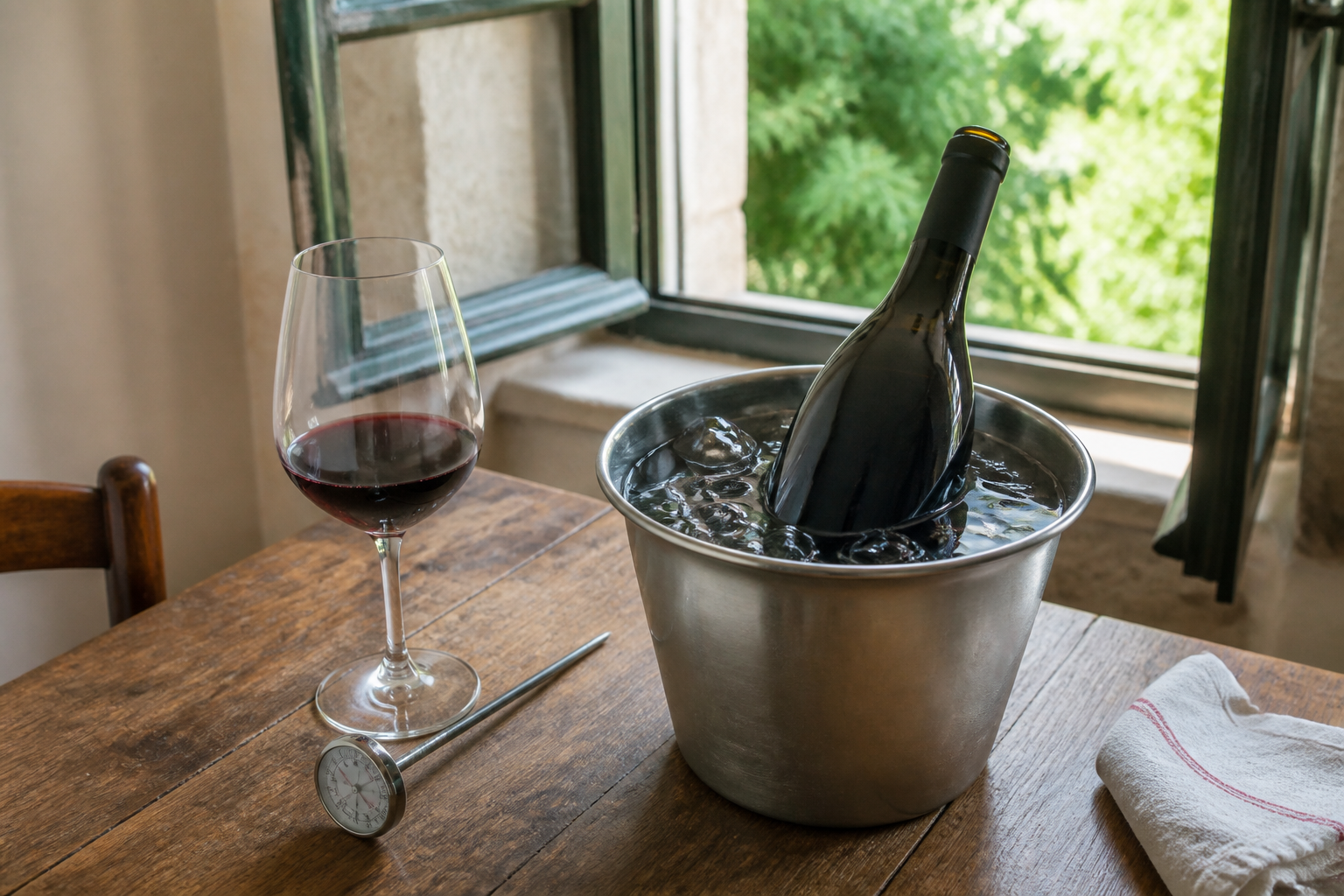 Red wine bottle cooling in a small ice-water bucket beside a thermometer and glass