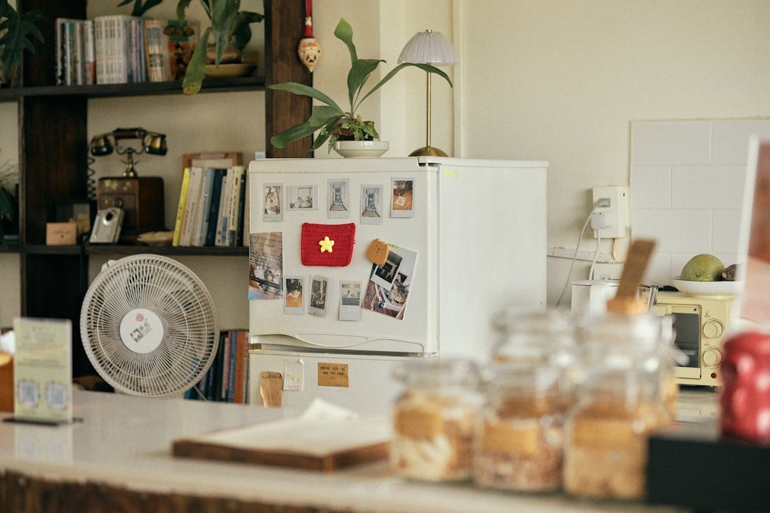 Refrigerator with flag magnet, fan, and jars on a counter.