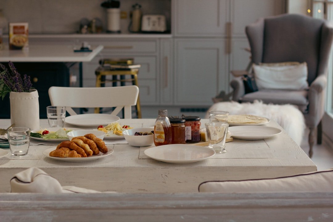 a table with plates and food on it