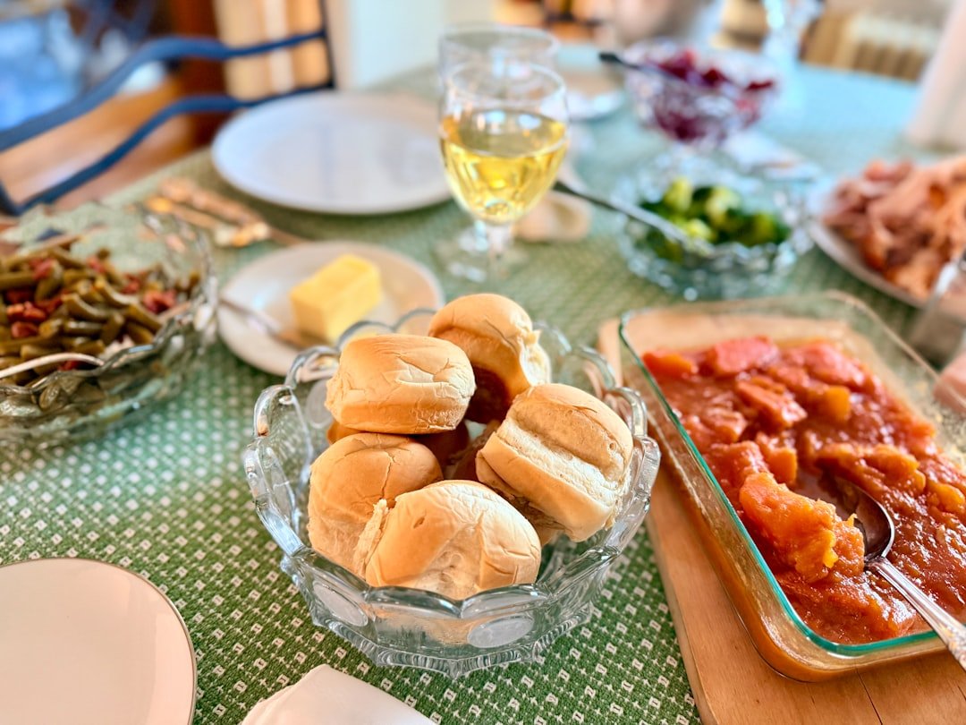 A table laden with a thanksgiving feast
