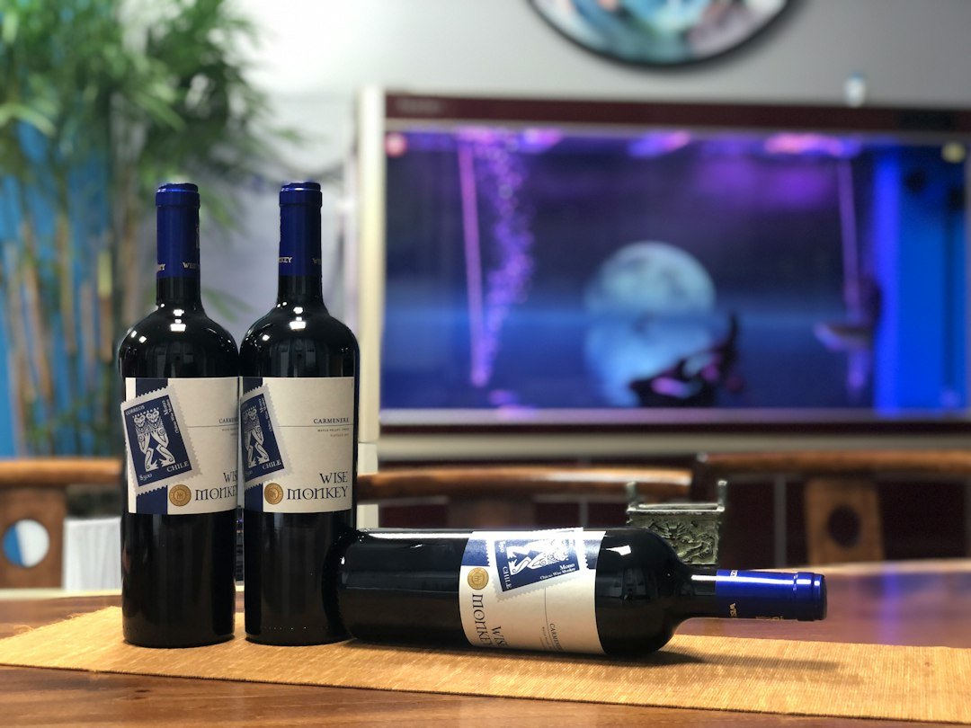 Three real wine bottles with labels visible on a wooden table